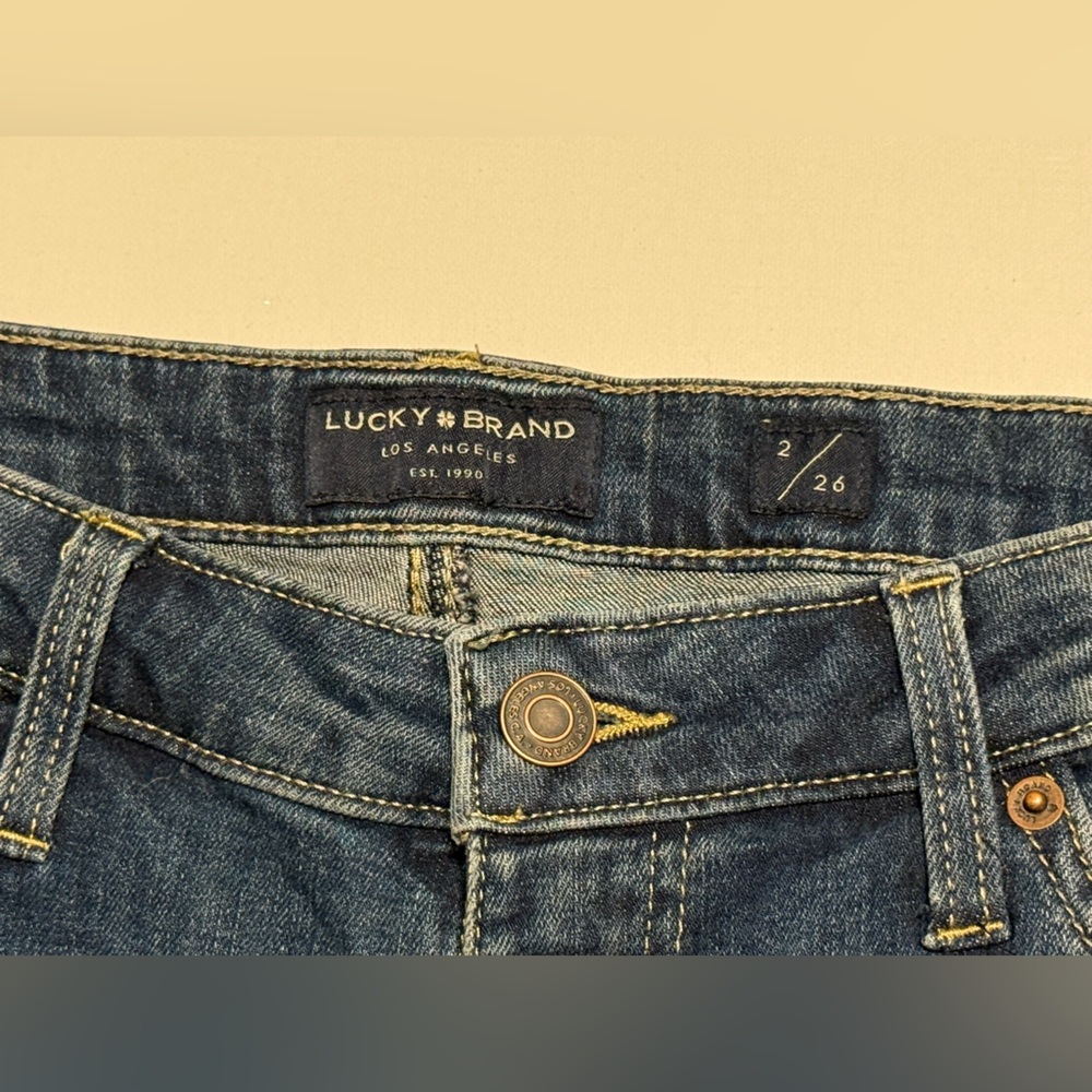 Lucky Brand Bermuda Jean Shorts | Dark Wash Denim w/ Tan Logo Patch - Picture 13 of 16